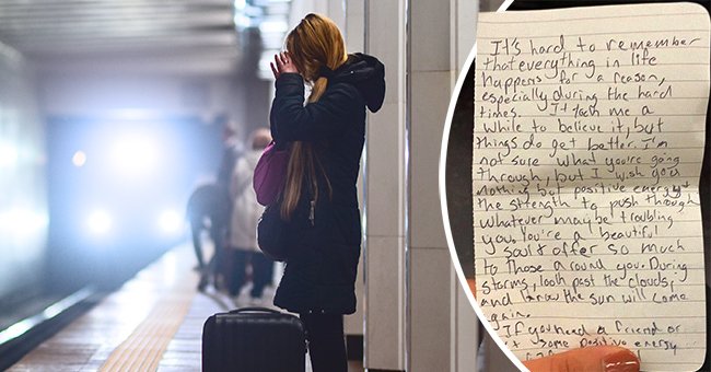 Woman crying on subway platform [left] and individual holding a piece of paper with a written note [right]. │Source: instagram.com/tanksgoodnews Shutterstock