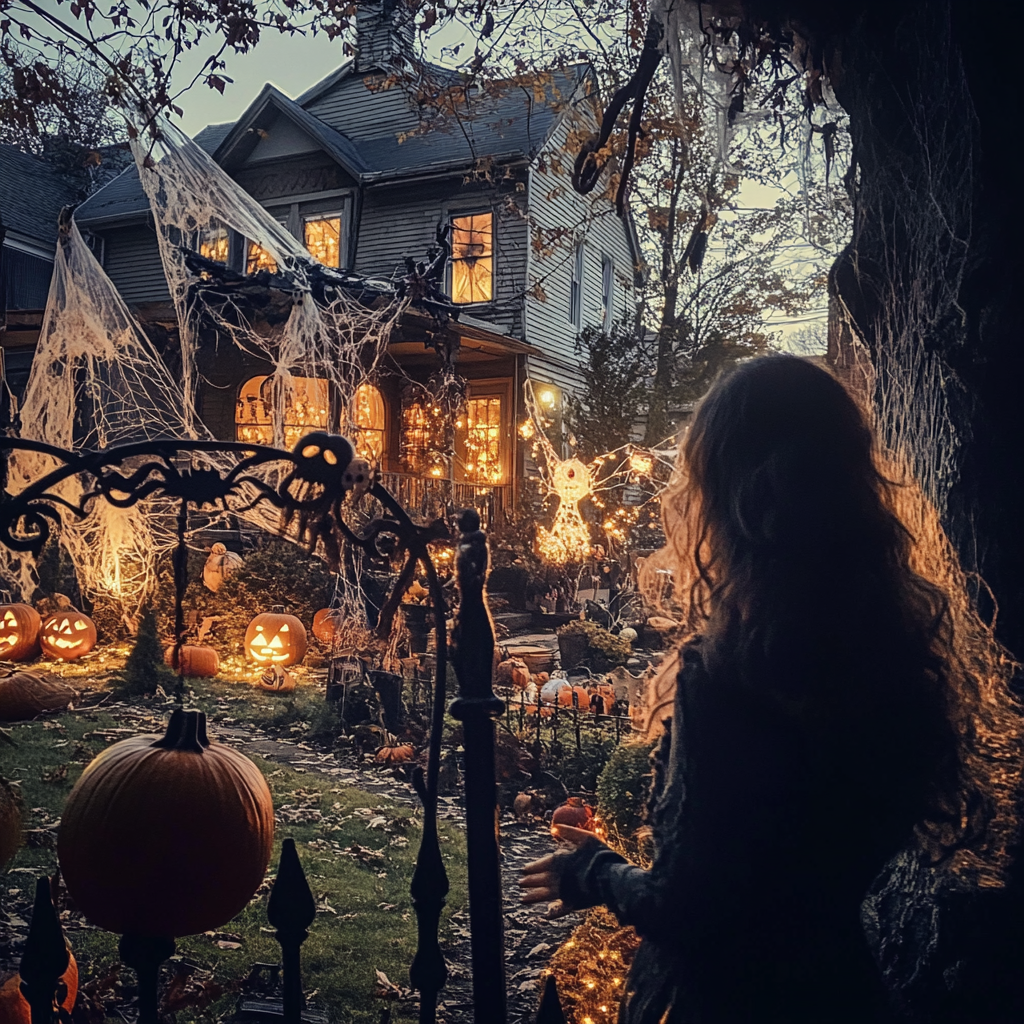 Woman staring at Halloween decorations | Source: Midjourney