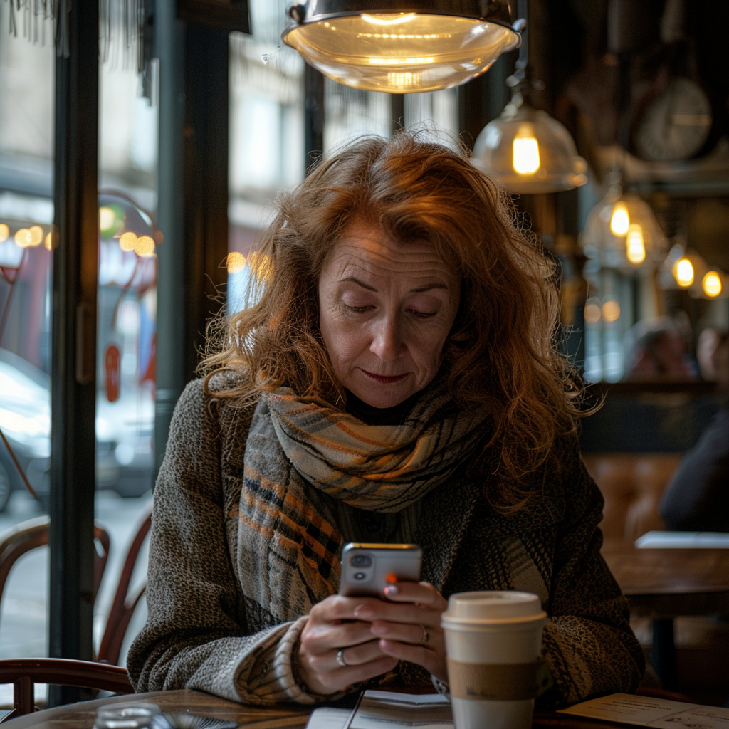 A woman checking her phone while sitting in a café | Source: Midjourney