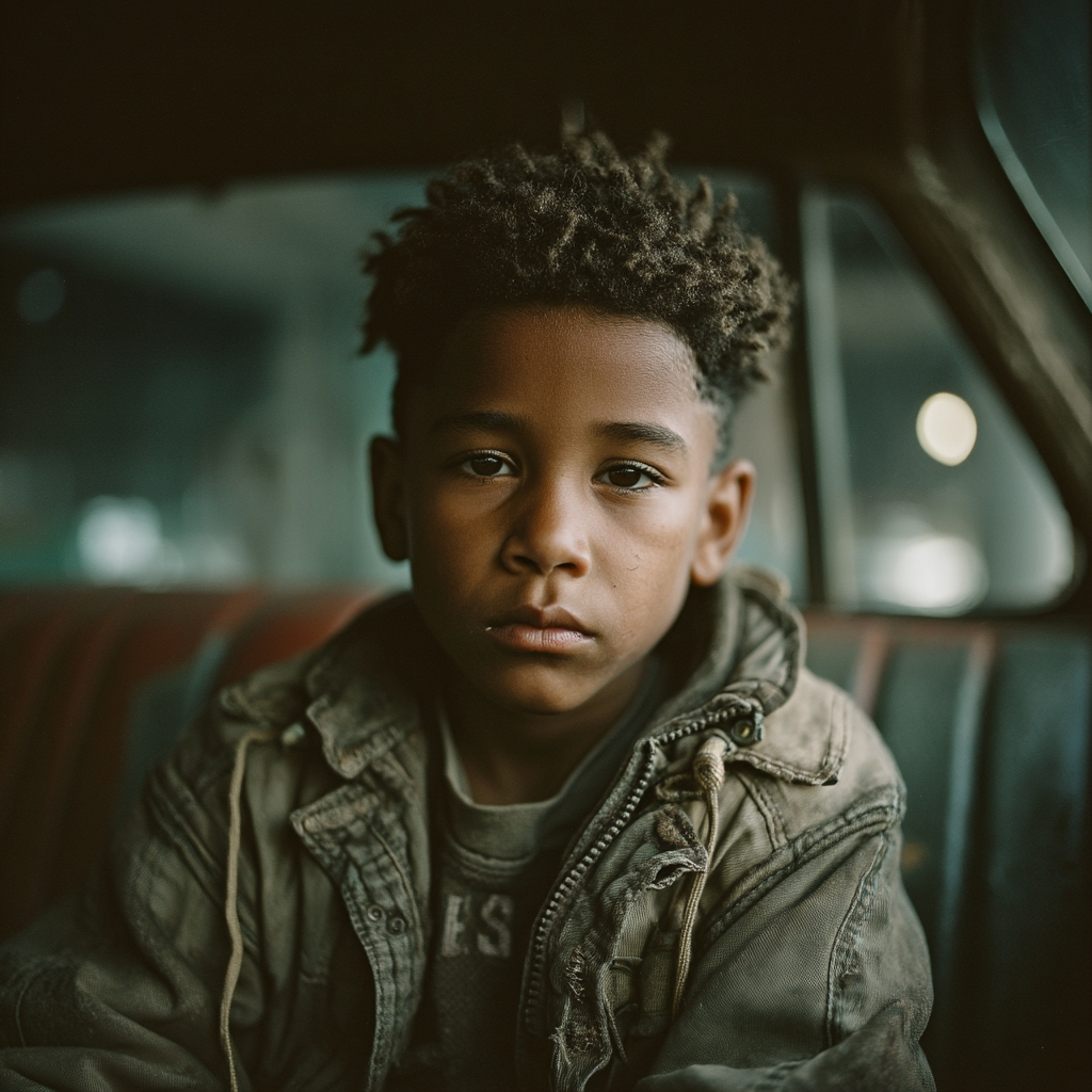 A sad child in the backseat of a car | Source: Midjourney