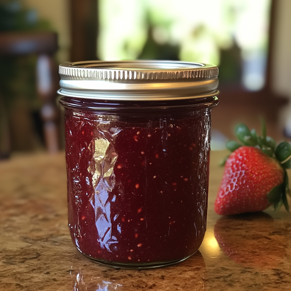 A jar of strawberry jam | Source: Midjourney