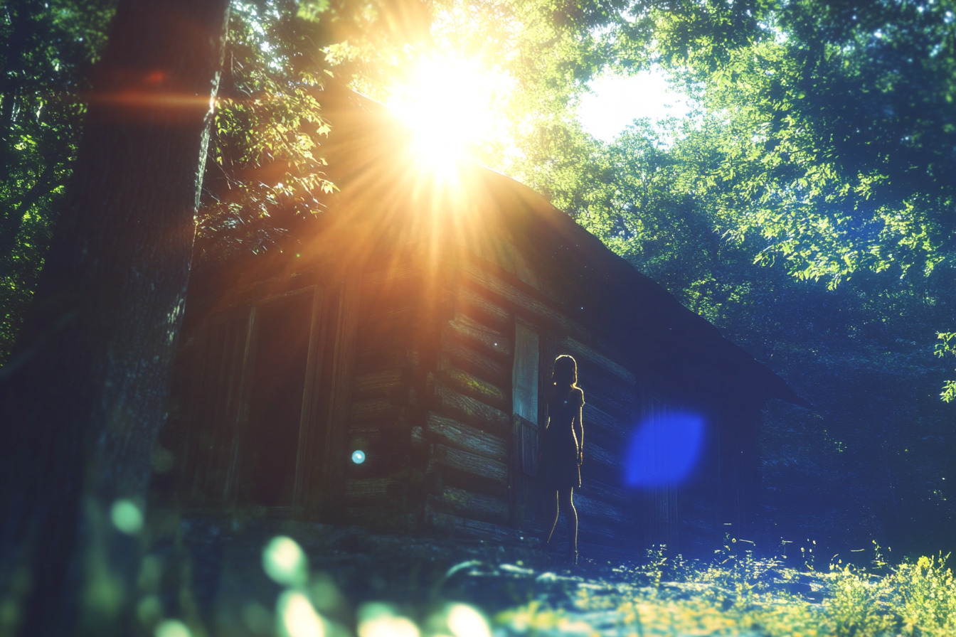 A woman outside an old cabin | Source: Midjourney