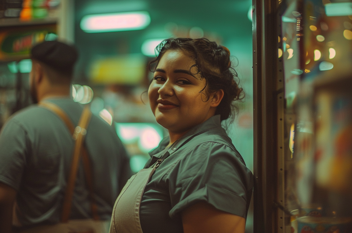 A young woman wearing a grocery store uniform | Source: MidJourney