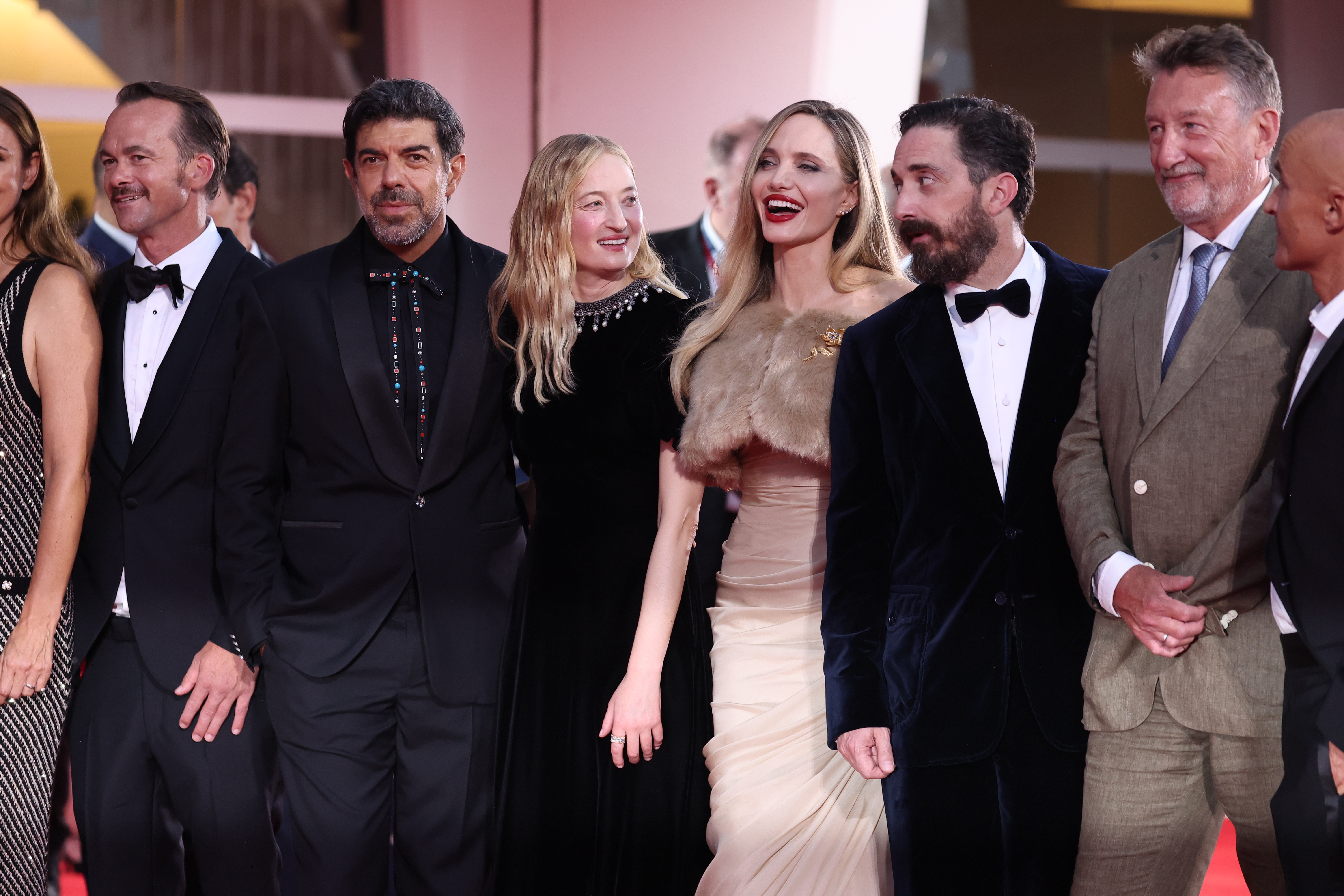 (L-R) Pierfrancesco Favino, Alba Rohrwacher, Angelina Jolie, Pablo Larraín, and Haluk Bilginer on August 29, 2024, in Venice, Italy | Source: Getty Images