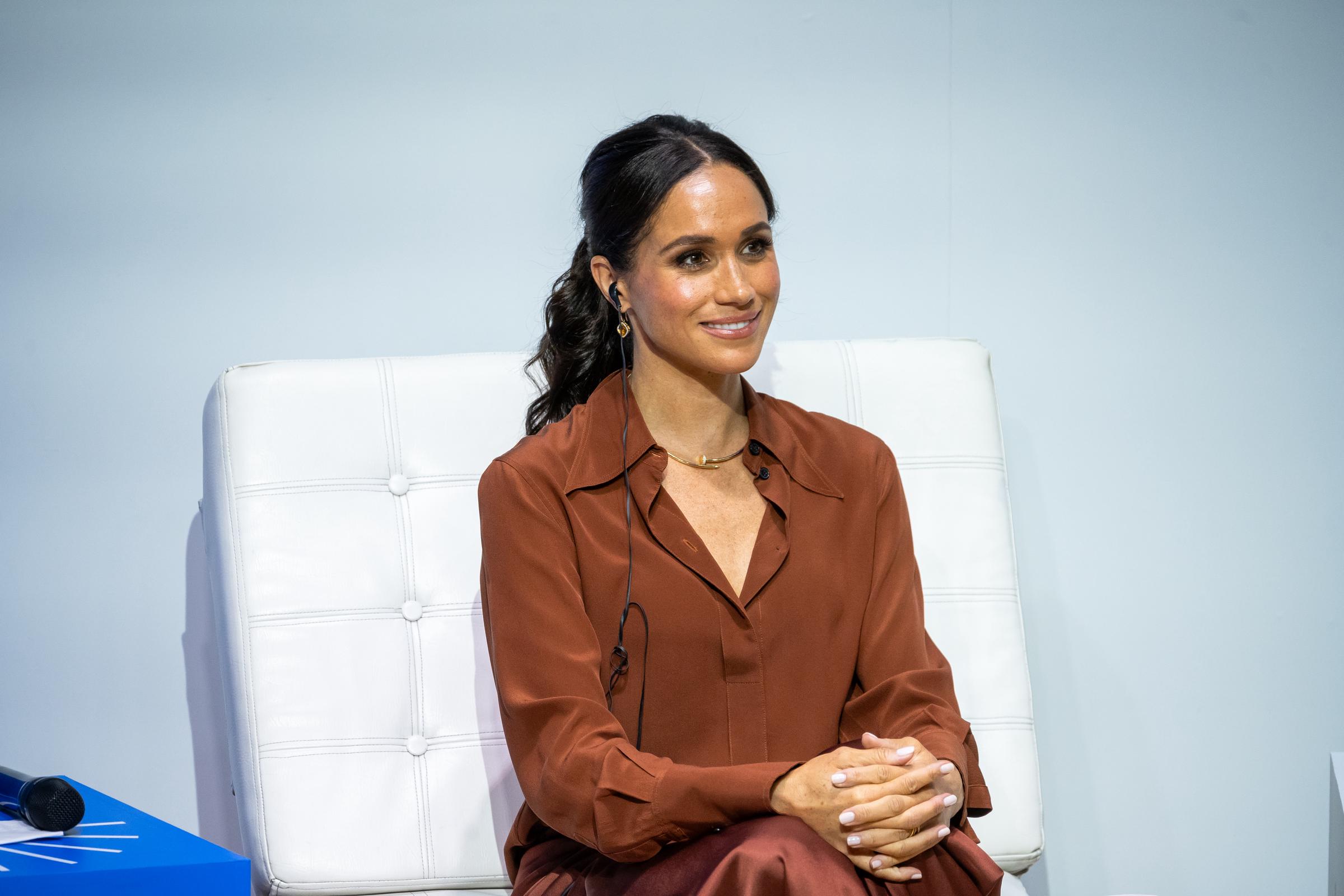 Meghan Markle during a forum about digital responsibility at EAN University on August 15, 2024, in Bogota, Colombia. | Source: Getty Images