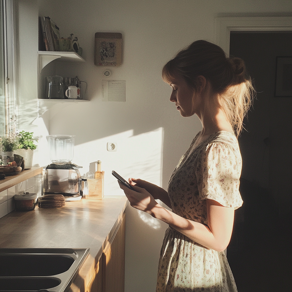 A woman looking at her phone | Source: Midjourney