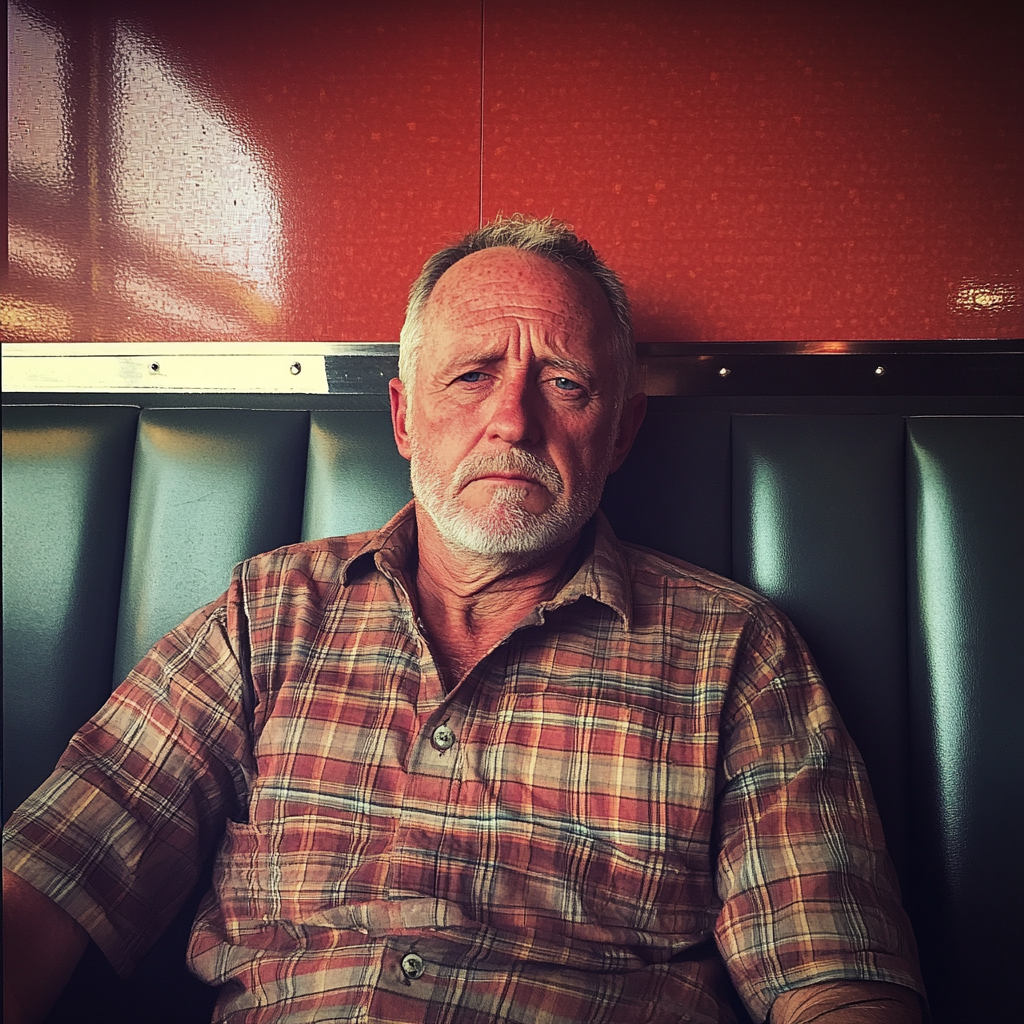 An upset man sitting in a booth in a diner | Source: Midjourney