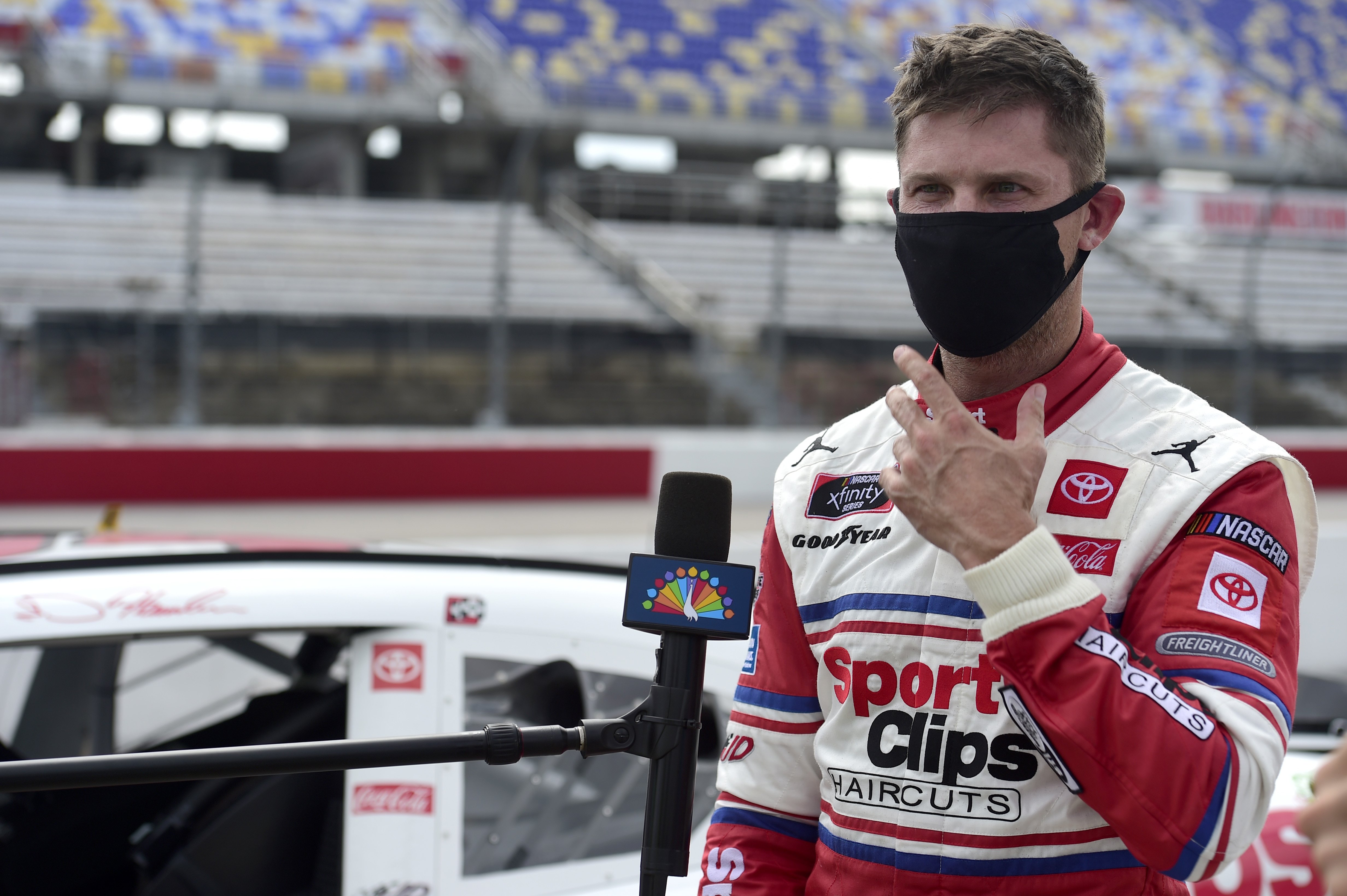 Denny Hamlin speaking to the media after the NASCAR Xfinity Series Sport Clips Haircuts VFW 200 on September 05, 2020, in Darlington, South Carolina | Photo: Jared C. Tilton/Getty Images