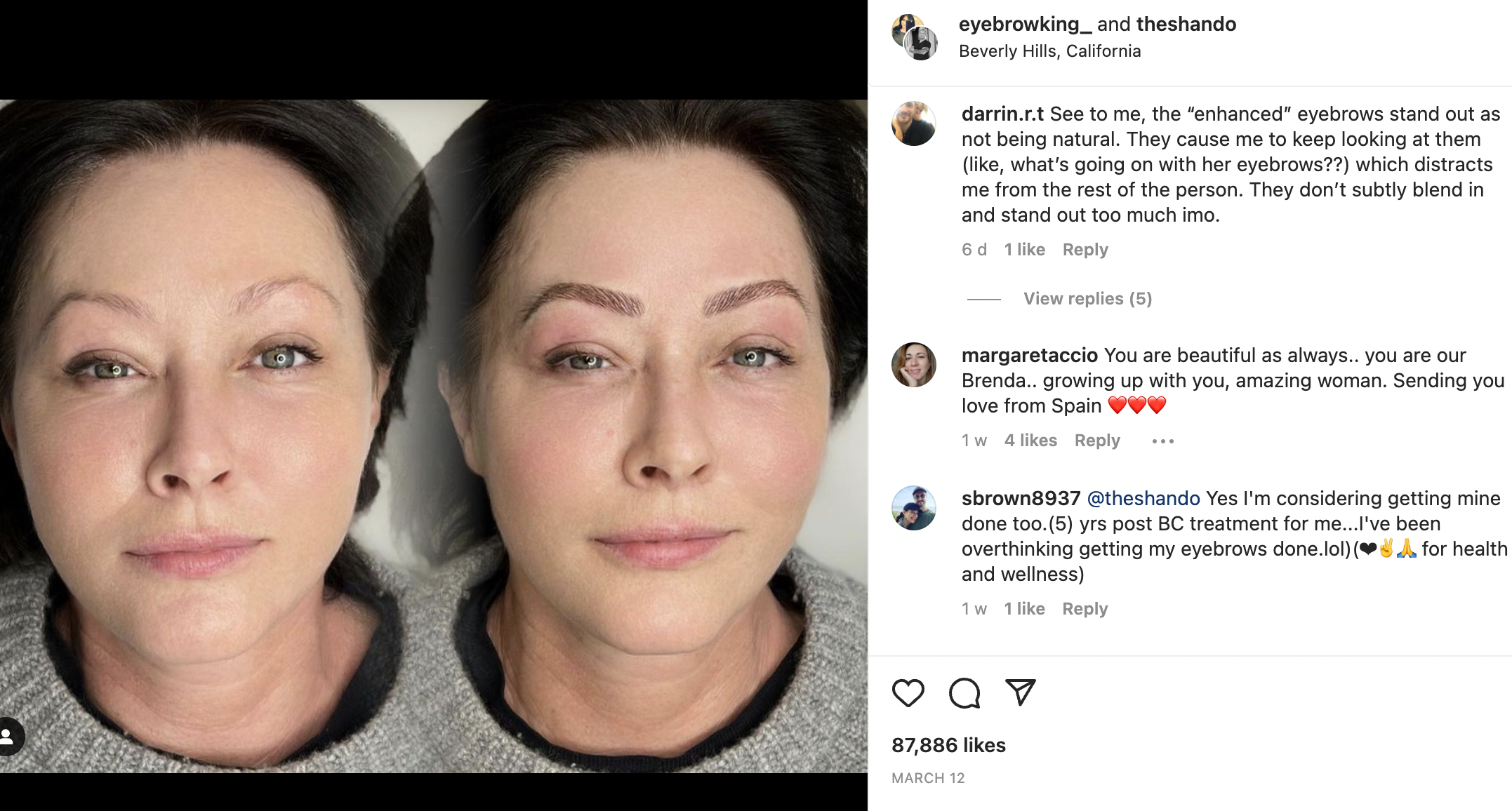 Fan comment's on Shannen Doherty and Tiàgo Sampaio's Instagram post on March 12, 2023 | Source: Instagram/eyebrowking_ | Instagram/theshando