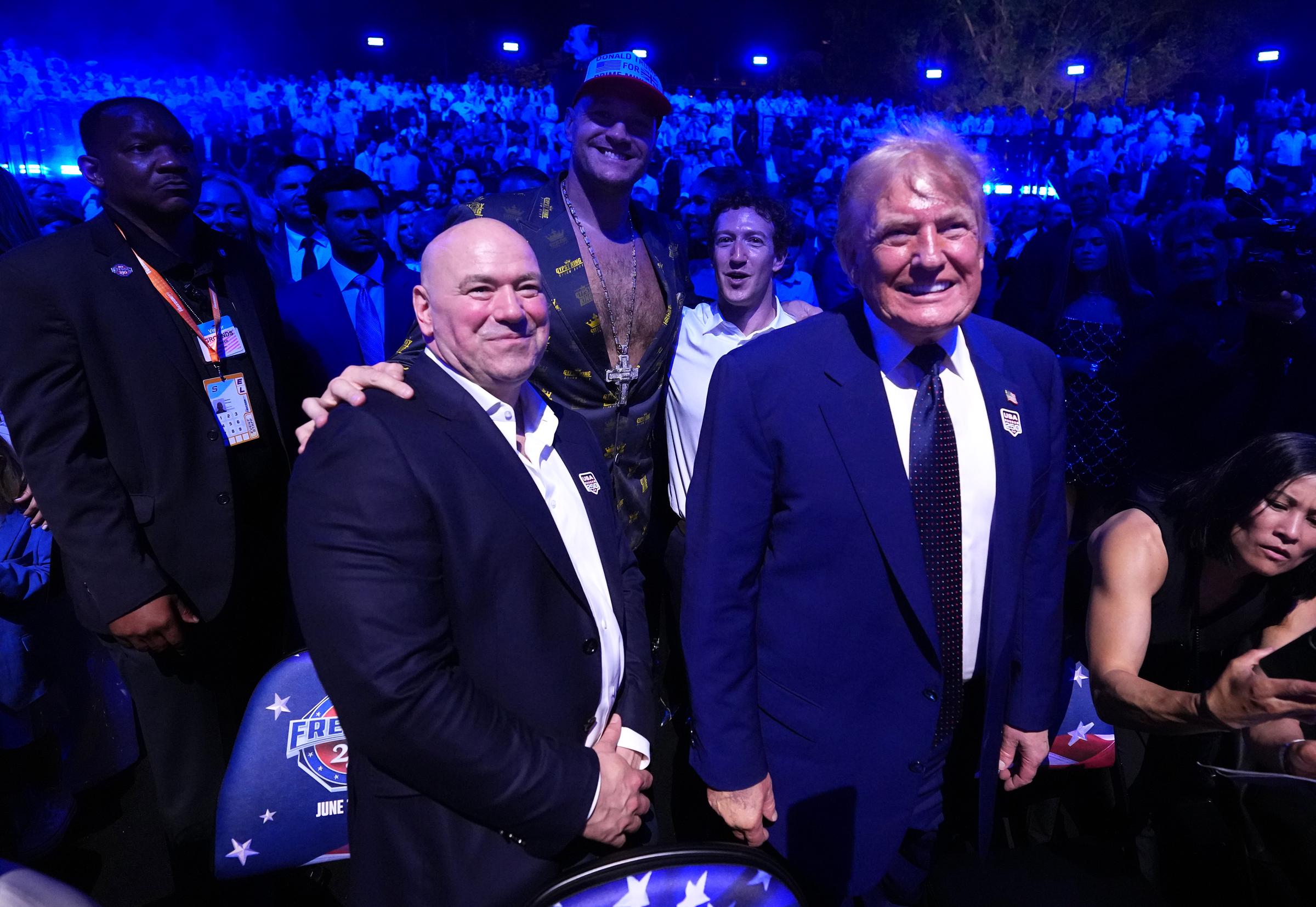 Mark Zuckerberg poses with Dana White, Tyson Fury, and Donald Trump during the White House UFC event. | Source: Getty Images