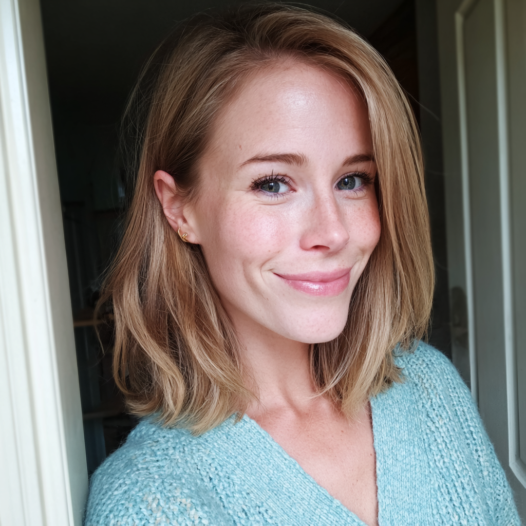 A smiling woman wearing a blue cardigan | Source: Midjourney