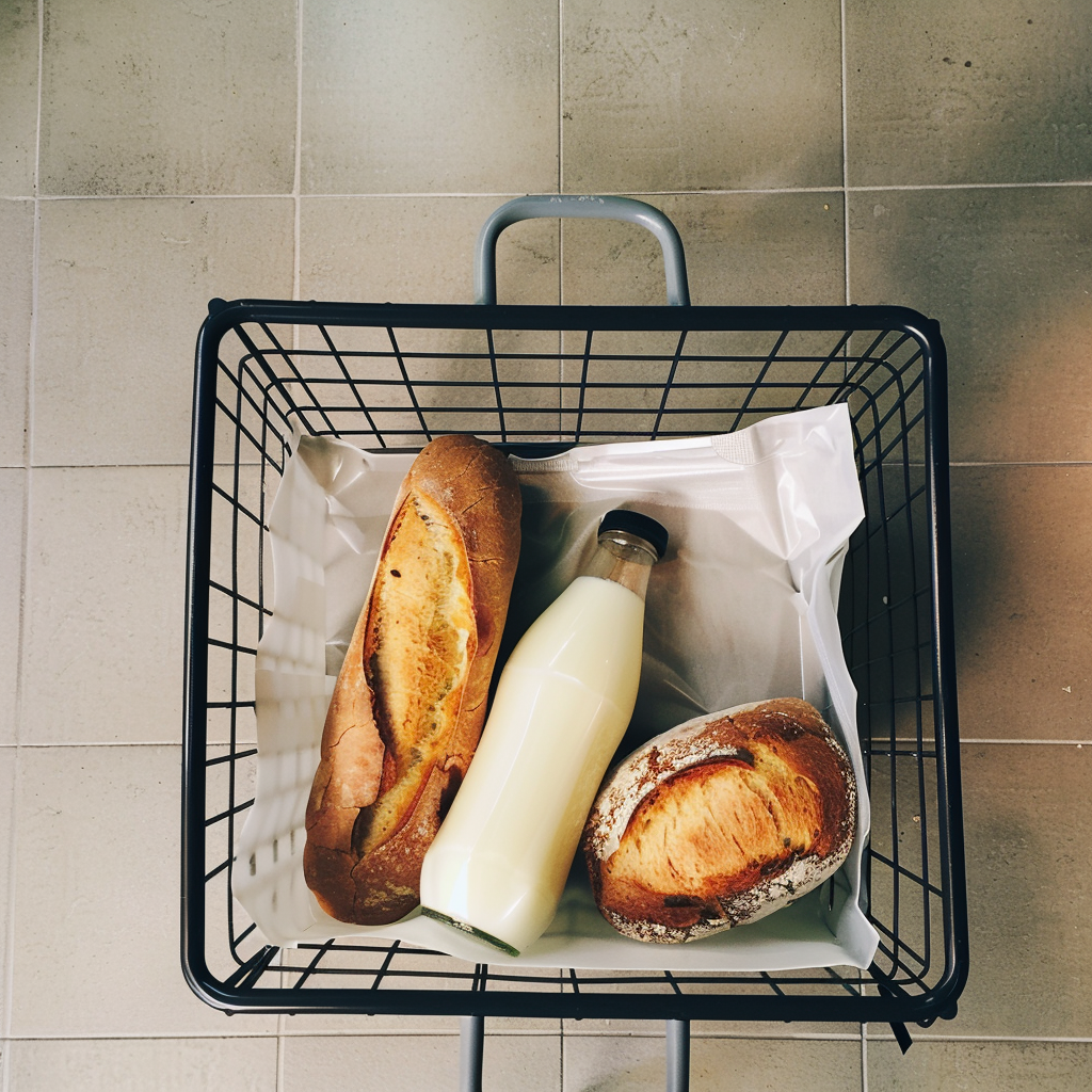 Milk and bread in a shopping basket | Source: Midjourney