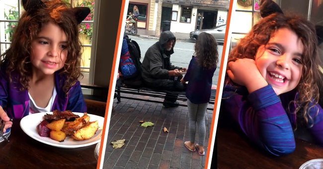 A little girl is served steak and potatoes [left] The girl gives her food to a homeless man [middle] The 8-year-old is happy after sharing her food [right] | Photo: facebook.com/edwinscott143