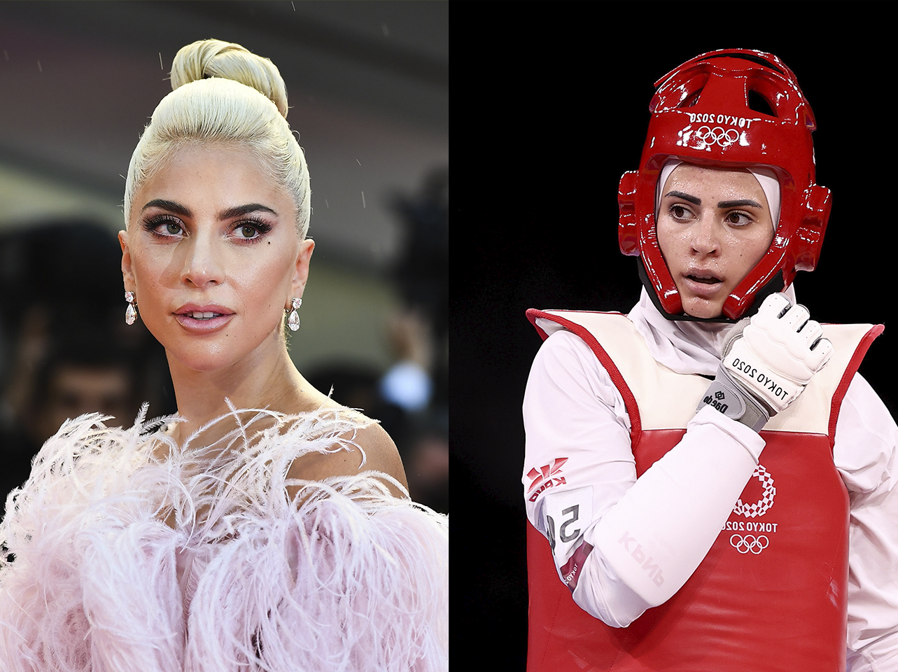 Singer and actress Lady Gaga arrives for the premiere of the film "A Star is Born" presented out of competition on August 31, 2018 | Julyana Al-Sadeq of Team Jordan at the Tokyo 2020 Olympic Games at Makuhari Messe Hall on July 26, 2021 in Chiba, Japan | Source: Getty Images