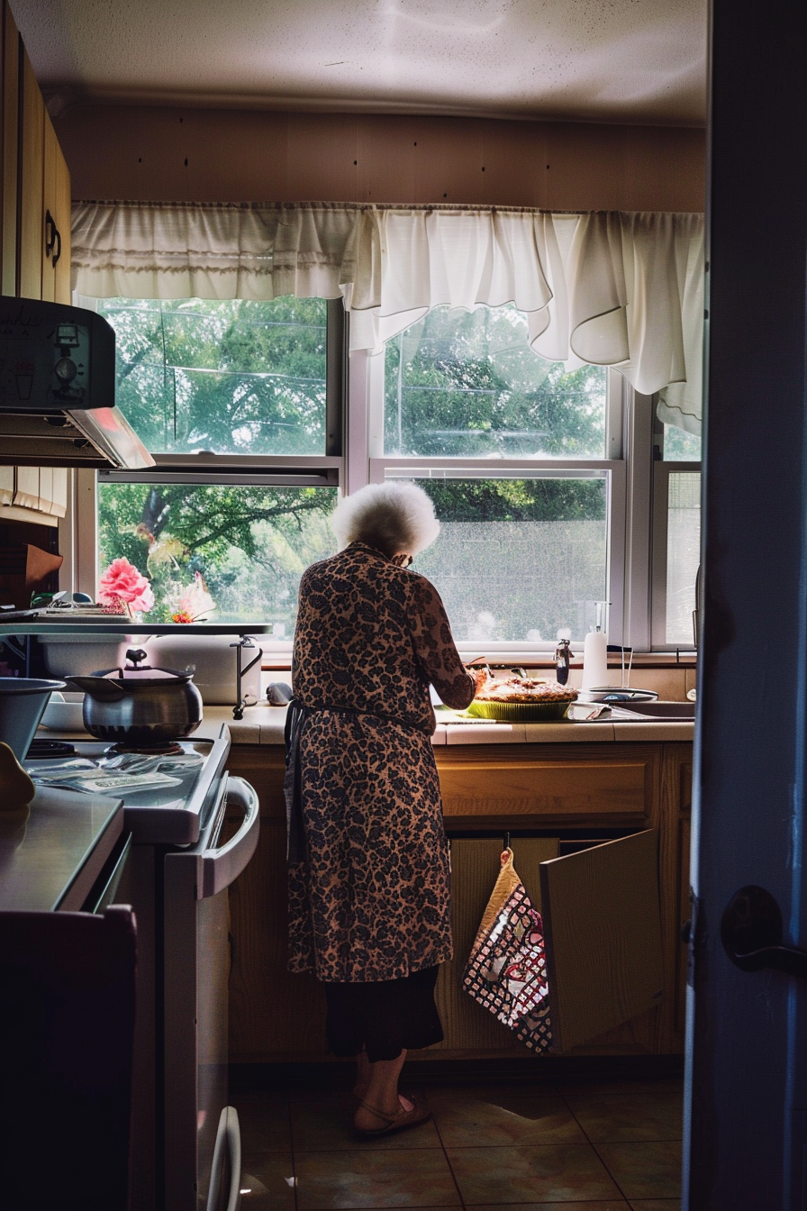 Elderly lady at a kitchen | Source: Midjourney