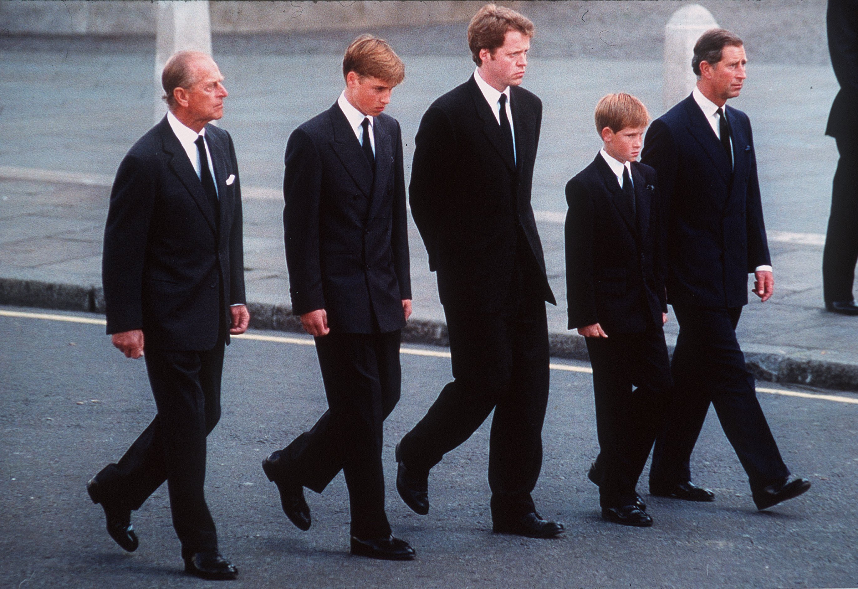 Prince Harry, Prince William, Prince Phillip, and Earl Spencer at the funeral of Princess Diana in London 1997. | Source: Getty Images 