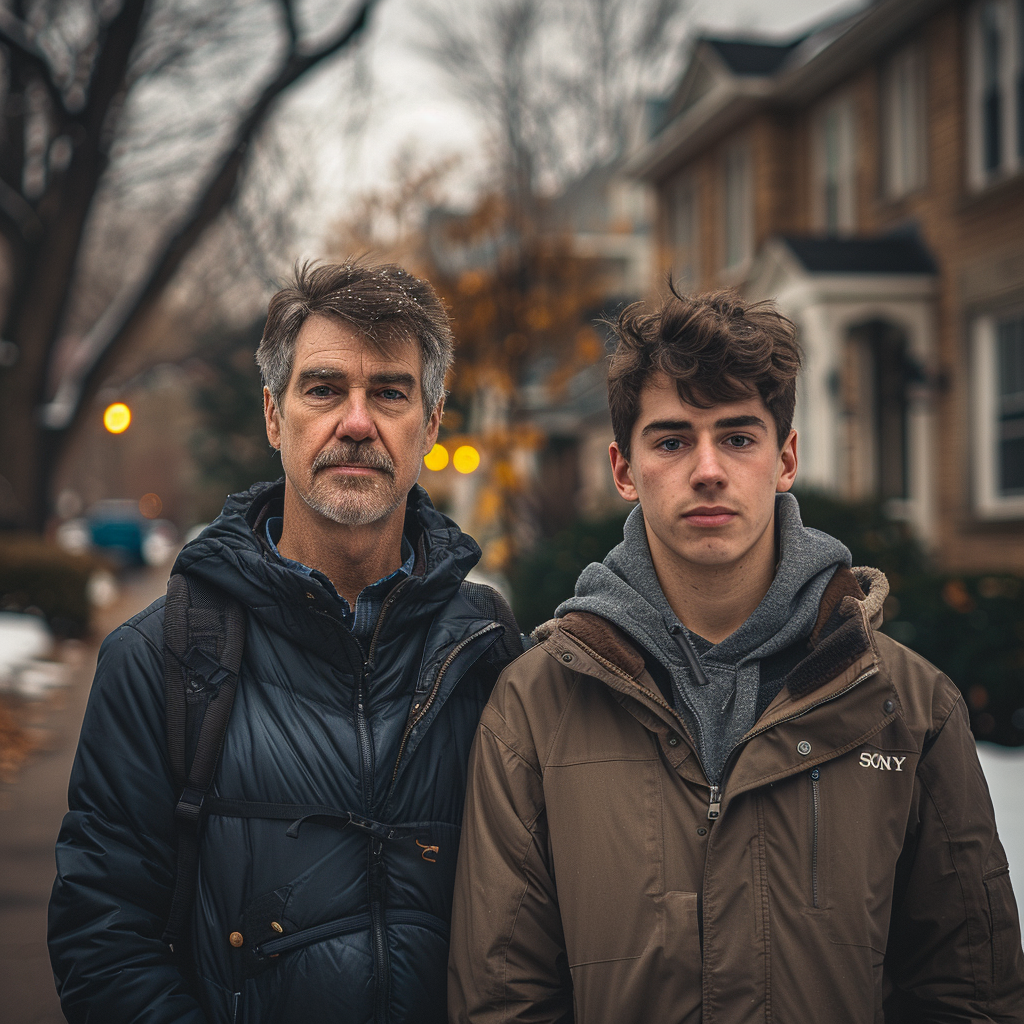 An entitled father-son duo standing in a neighborhood | Source: Midjourney