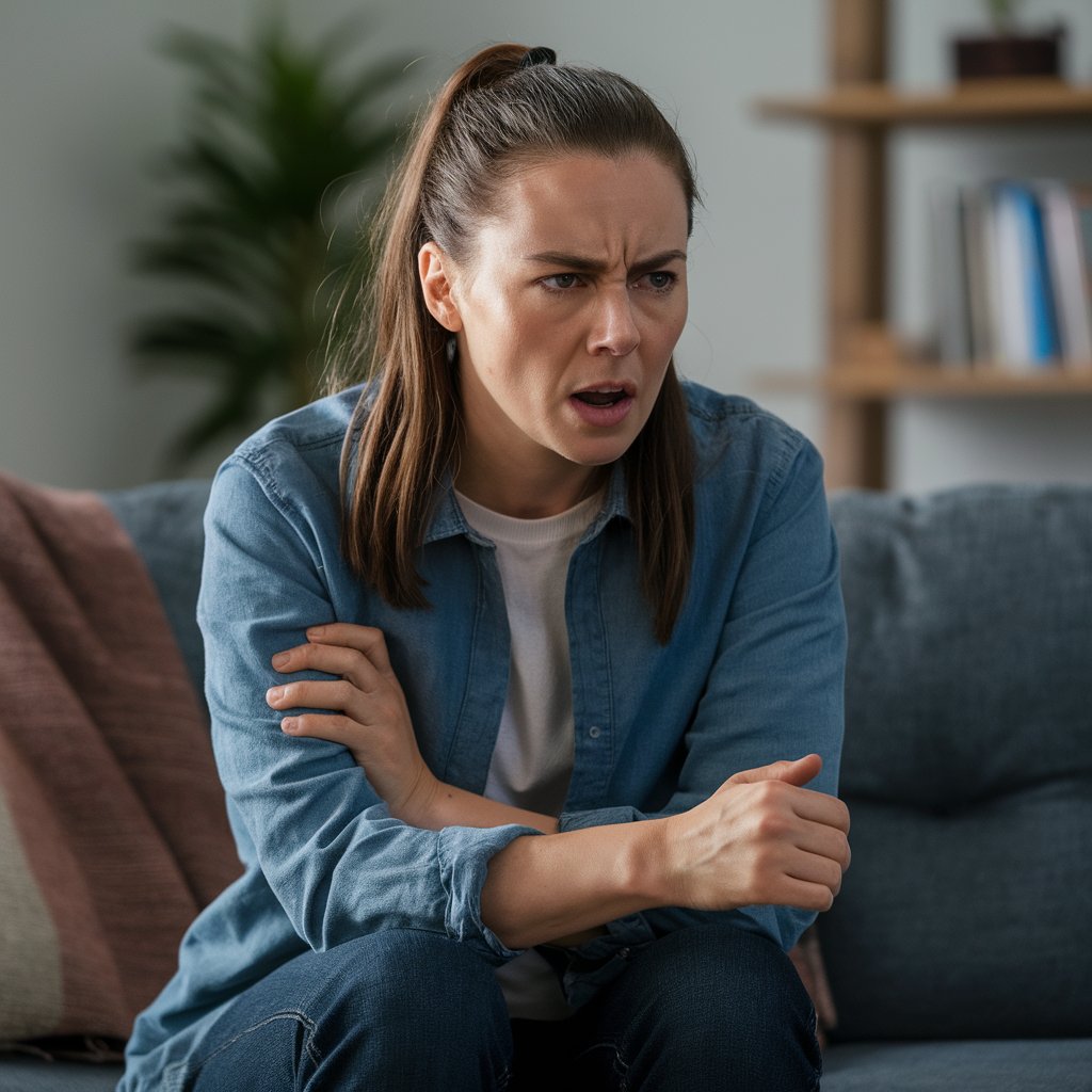 A woman on a sofa reacts angrily | Source: Midjourney