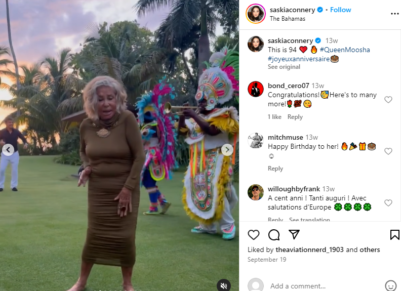 Micheline Roquebrune celebrating her 94th birthday on September 19, 2023 in the Bahamas | Source: Instagram/saskiaconnery