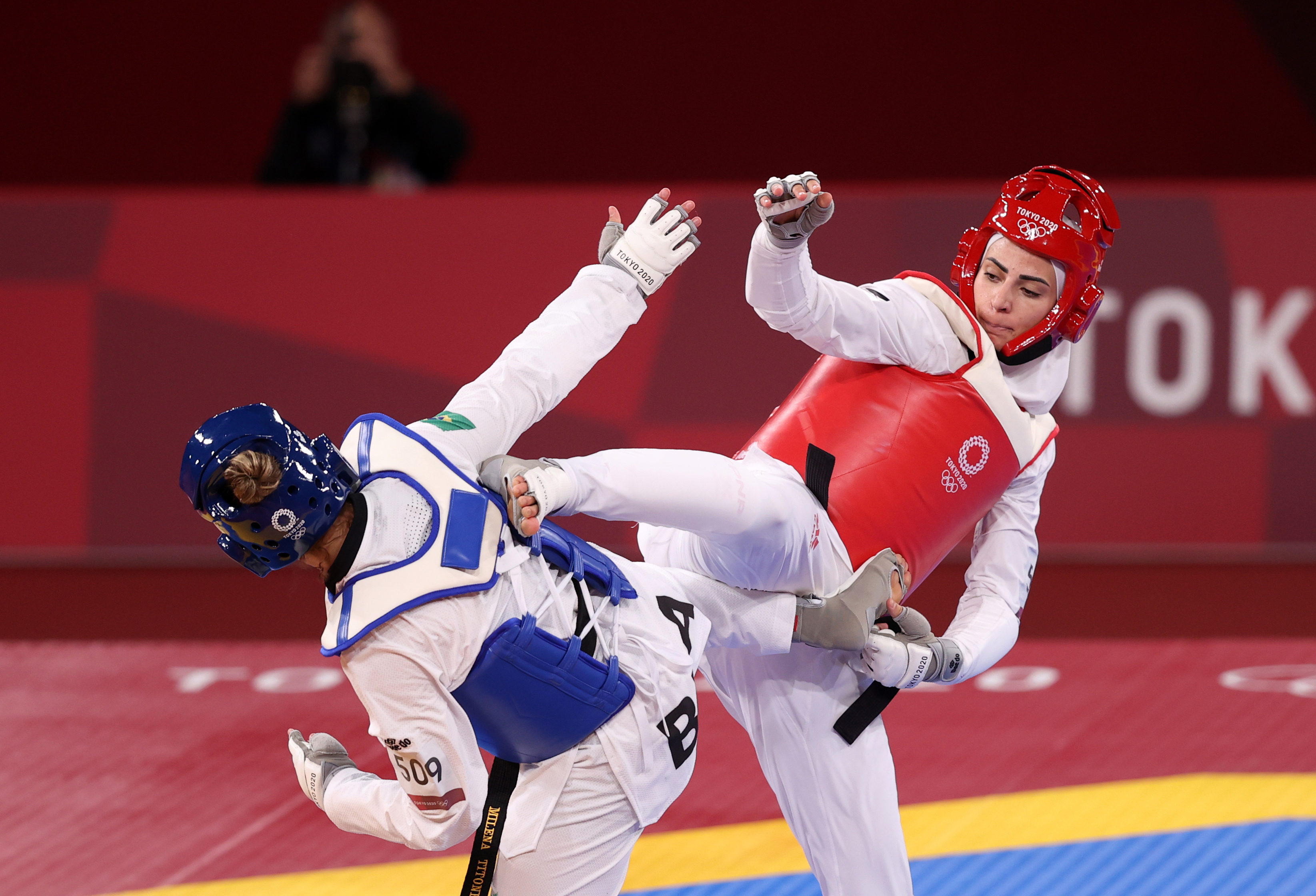 Milena Titoneli of Brazil and Julyana Al-Sadeq of Jordan compete in women's -67kg taekwondo round of 16 bout during the Tokyo 2020 Olympic Games in Tokyo, Japan on July 26, 2021 | Source: Getty Images