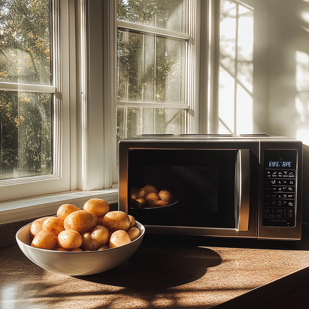 A bowl of potatoes next to a microwave | Source: Midjourney