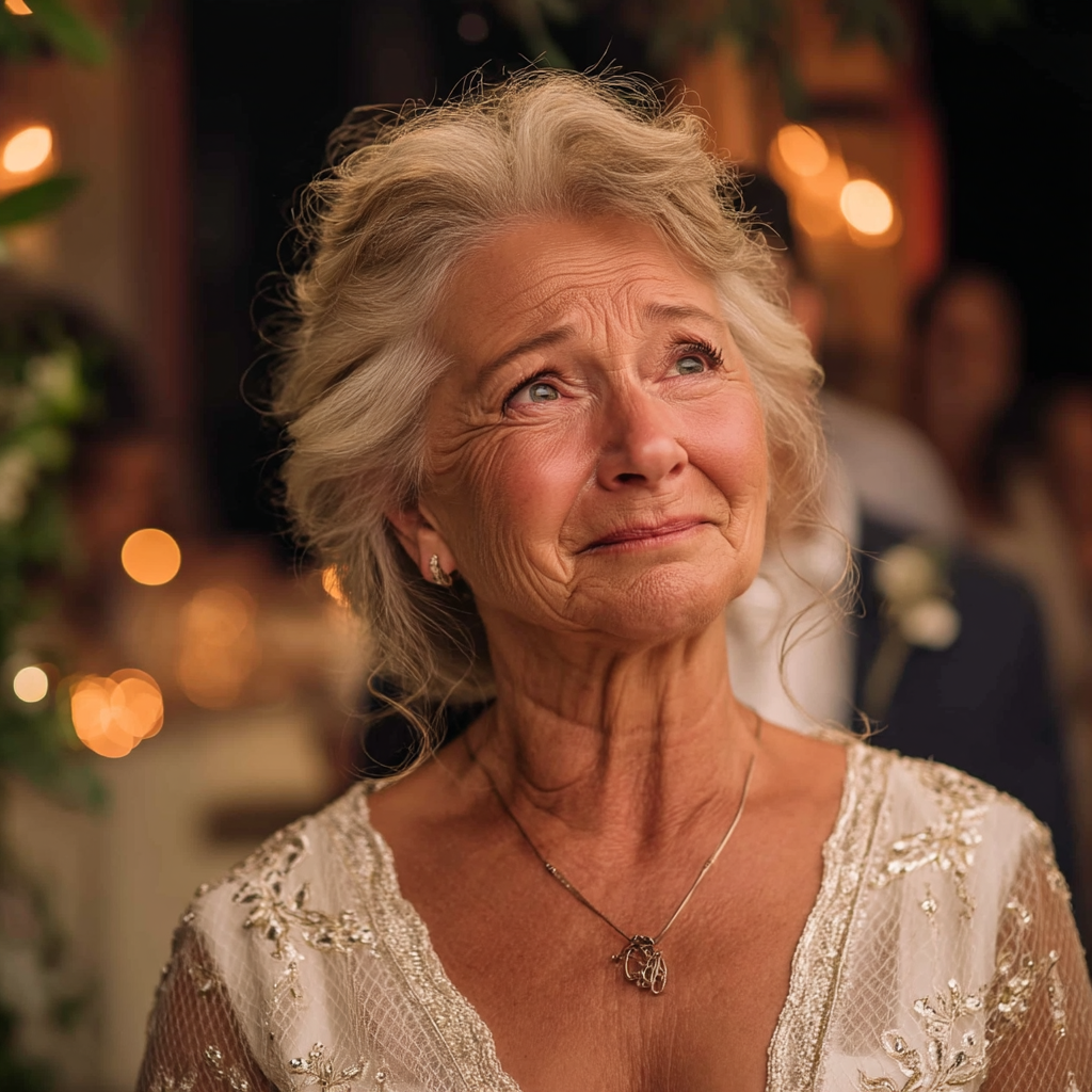 A senior woman looks sad and emotional at a wedding | Source: Midjourney