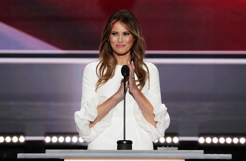 Melania Trump delivers a speech on the first day of the Republican National Convention on July 18, 2016, at the Quicken Loans Arena in Cleveland, Ohio. | Source: Getty Images.