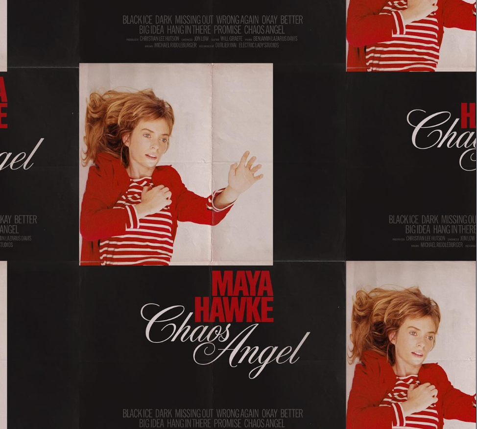The "Chaos Angel" album artwork features Maya Hawke in a red jacket and striped shirt, posed against a pale backdrop. | Source: Instagram/christianleehutson