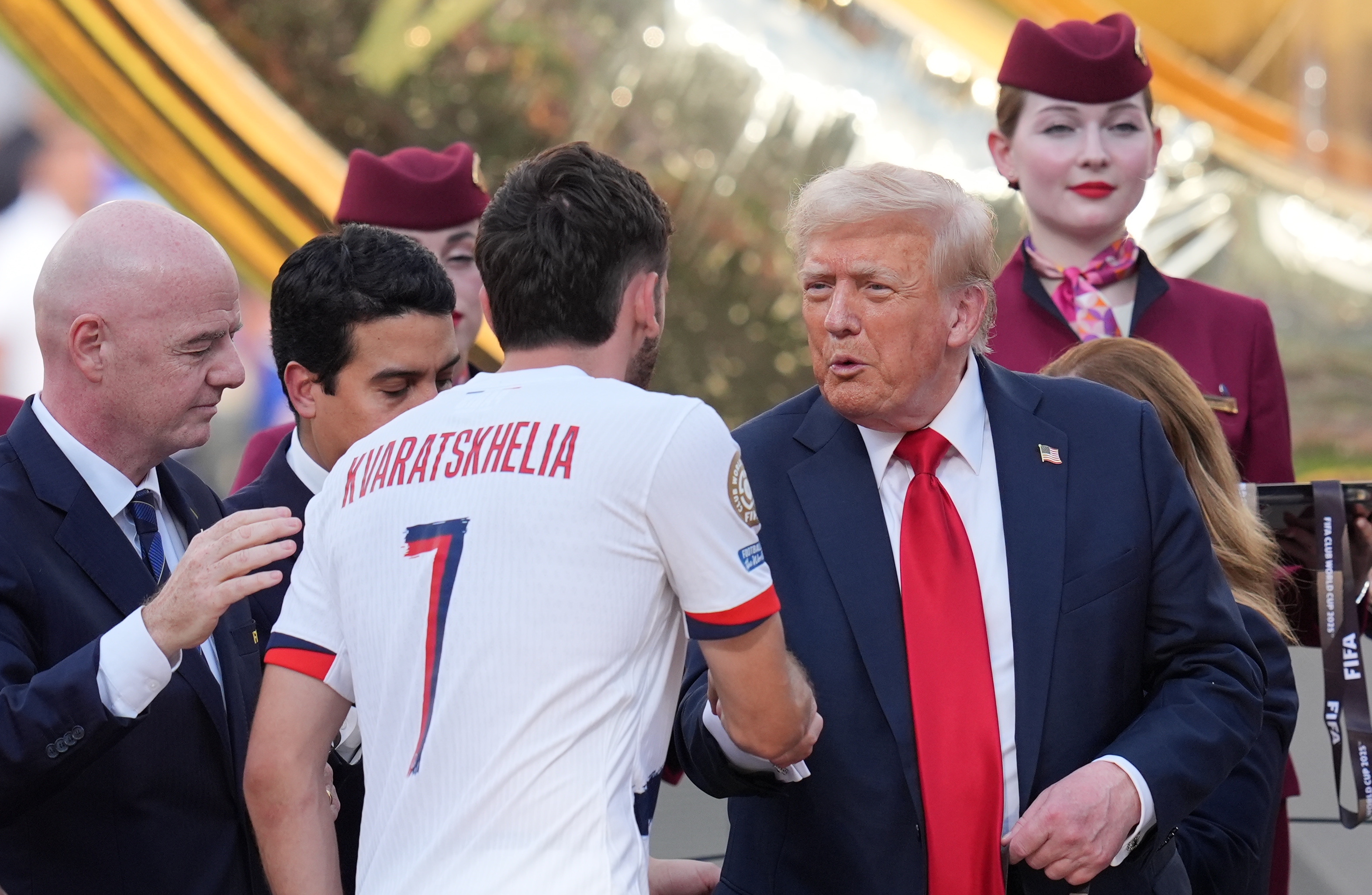 Gianni Infantino and Donald Trump presenting medals to players following the FIFA Club World Cup 2025 final match on July 13 in New Jersey. | Source: Getty Images