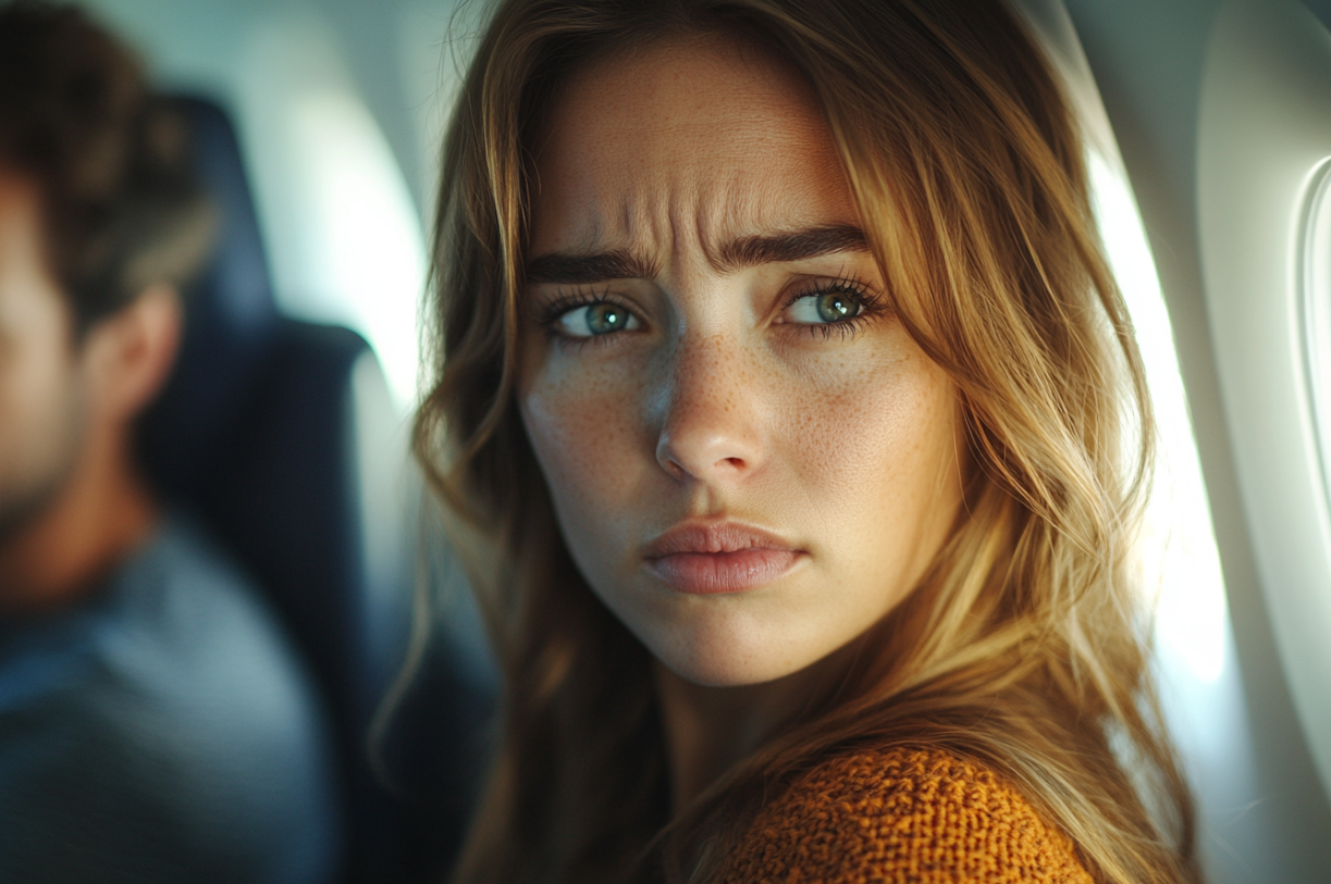 A thoughtful woman on a plane | Source: Midjourney