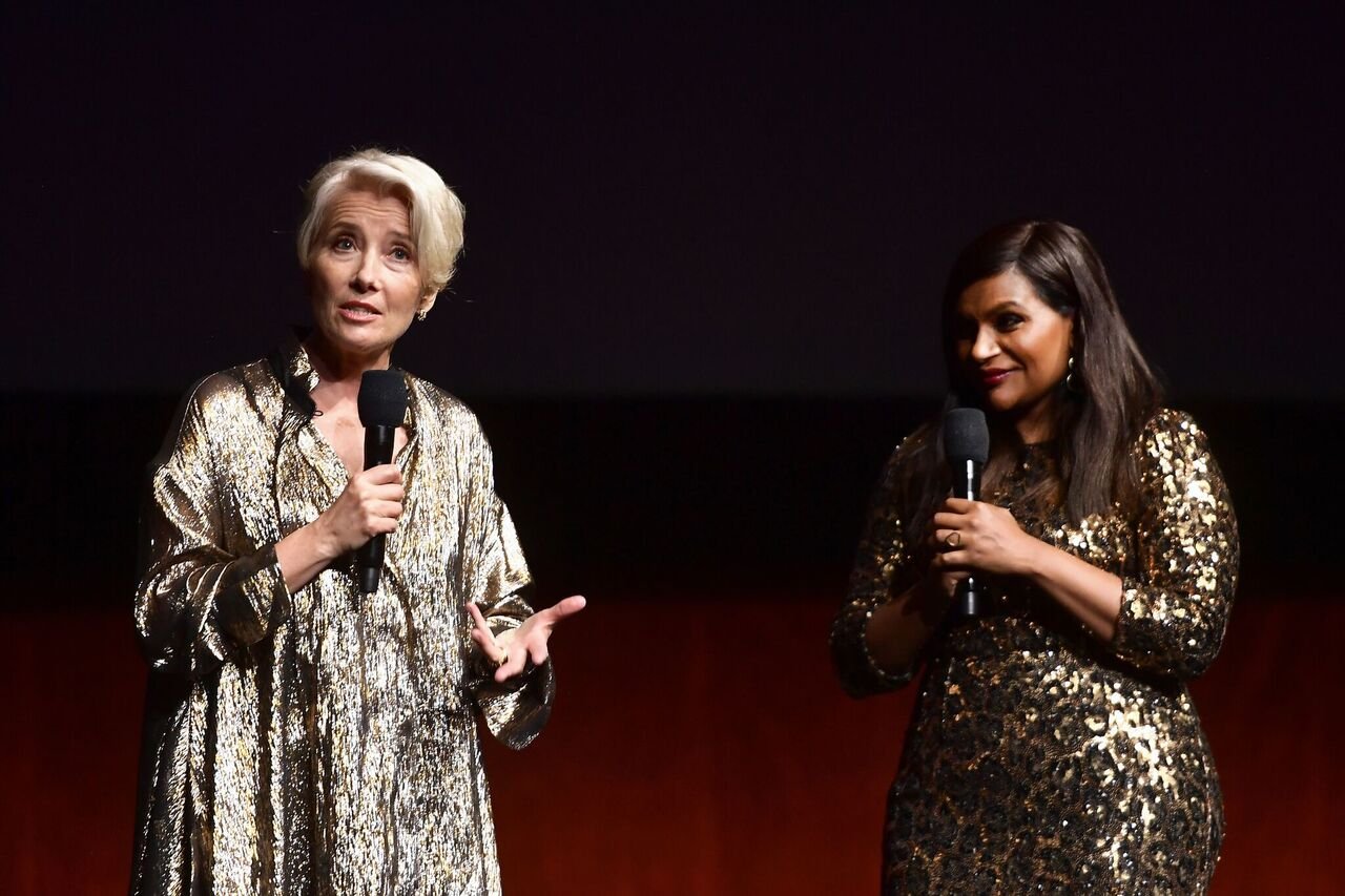 Emma Thompson and Mindy Kaling speak onstage at CinemaCon 2019. | Source: Getty Images