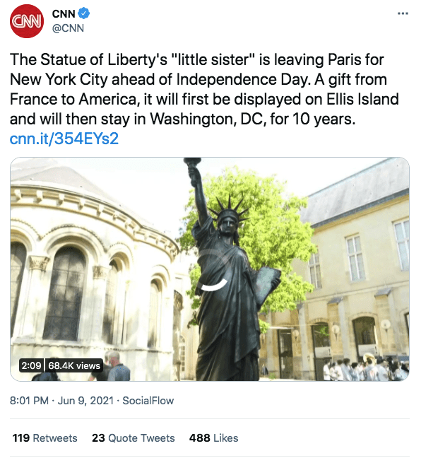 A screenshot of the new statue of liberty received by the USA from France | Photo: twitter.com/CNN