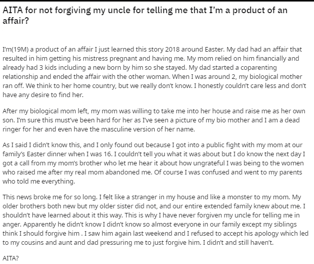 Whole story of the Reddit user who refuses to forgive his uncle | Photo: Reddit/u/blackforcesarecool