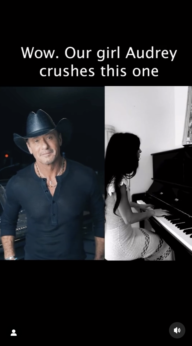 A split-screen showing Tim McGraw doting on his youngest daughter, Audrey McGraw, performing a song, as seen in a video dated January 26, 2024 | Source: Instagram/thetimmcgraw