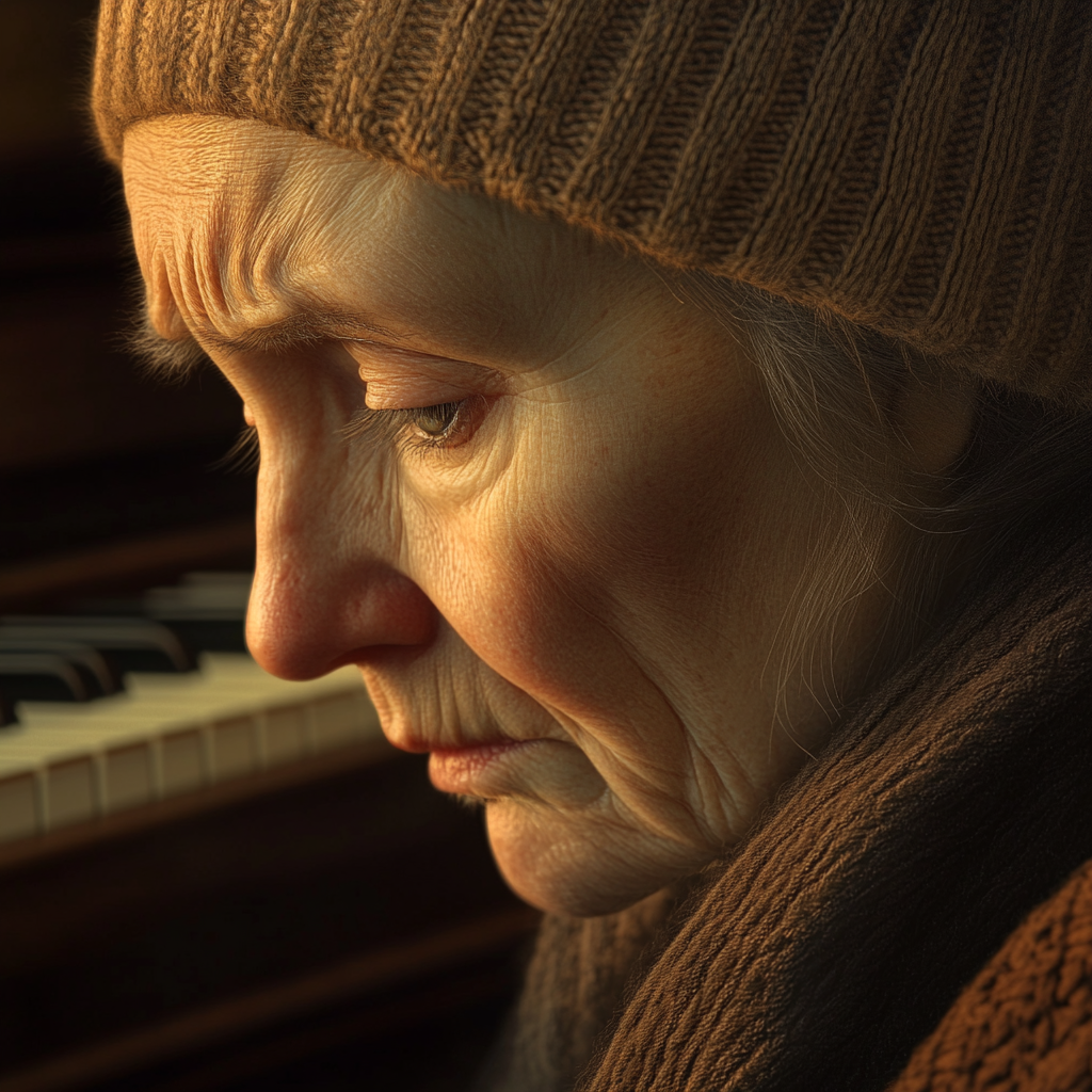 A heartbroken older woman near a piano | Source: Midjourney