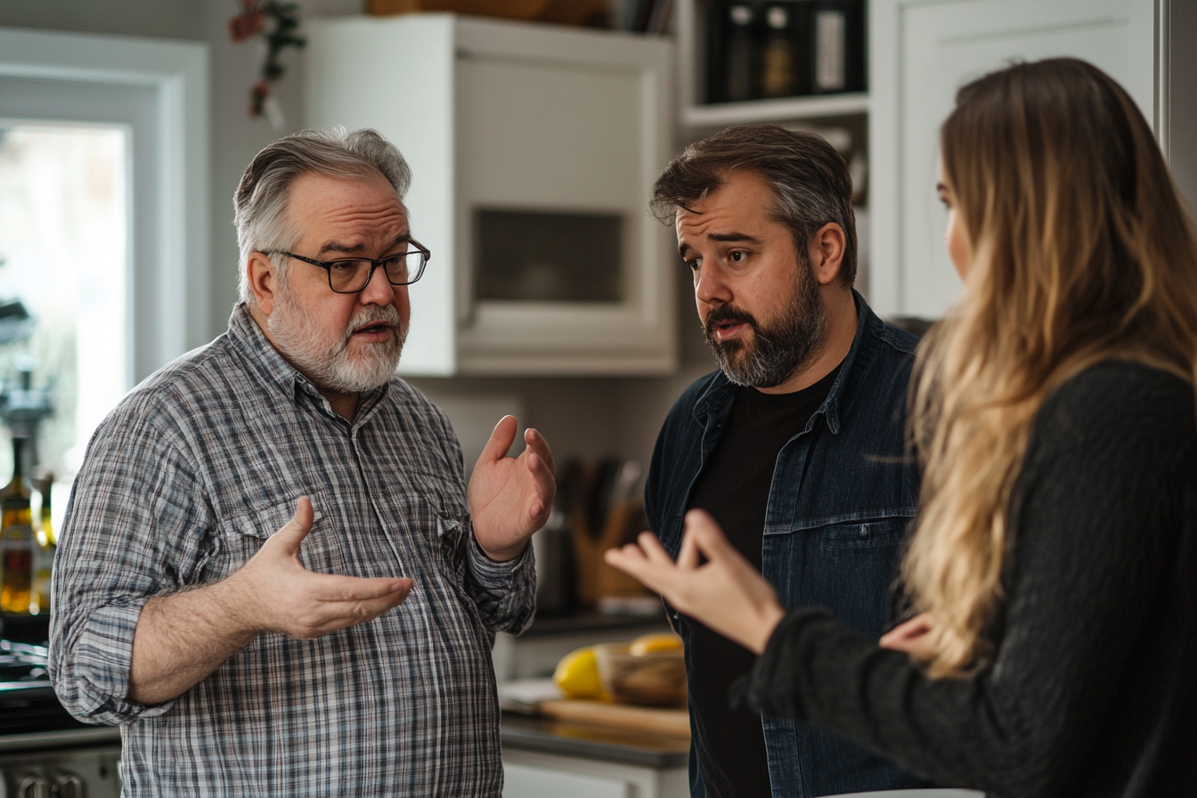 A couple speaking to a contractor in their kitchen | Source: Midjourney