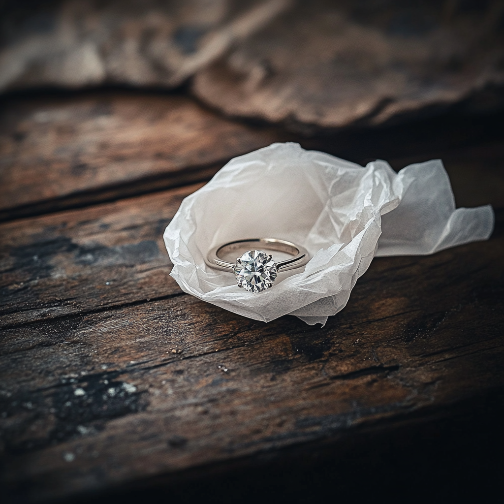 Uma aliança de casamento embrulhada em um lenço de papel sobre uma velha mesa de madeira | Fonte: Midjourney