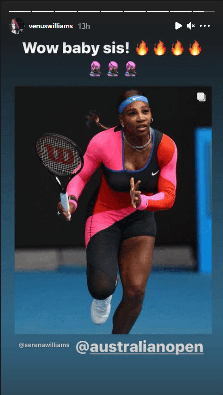 Screenshot of Venus Williams' Insta story showing her sister Serena Williams | Source: Instagram/venuswilliams