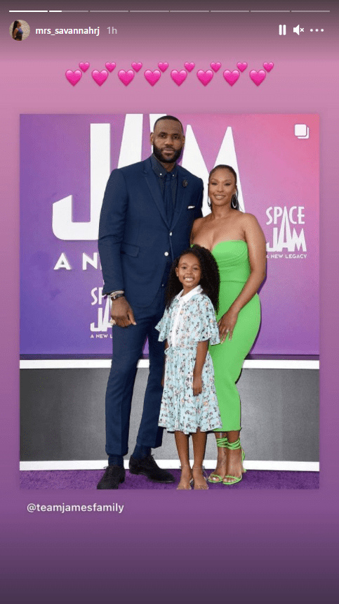 Savannah James shares a repost of her photo with her husband and daughter at the "Space Jam: A New Legacy" Premiere. | Photo: Instagram/mrs_savannahrj