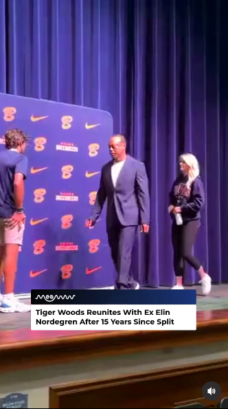 Tiger Woods and Elin Nordegren joining their son, Charlie Woods, onstage to take photos at the ring ceremony. | Source: Instagram/meawwofficial