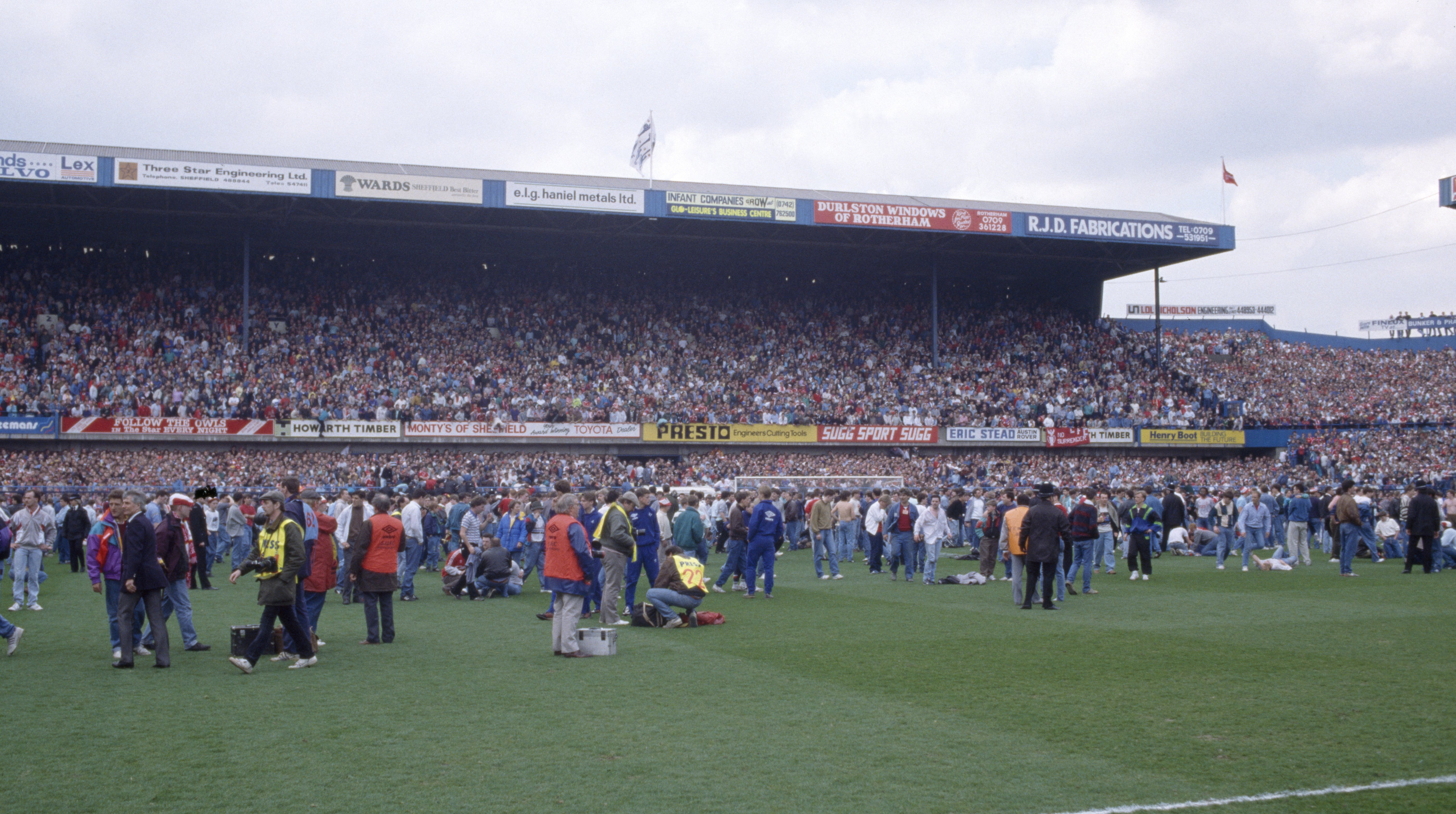 Wide view of the scene unfolding of the disaster during the FA Cup Semi Final on April 15, 1989 in Sheffield, England. | Source: Getty Images