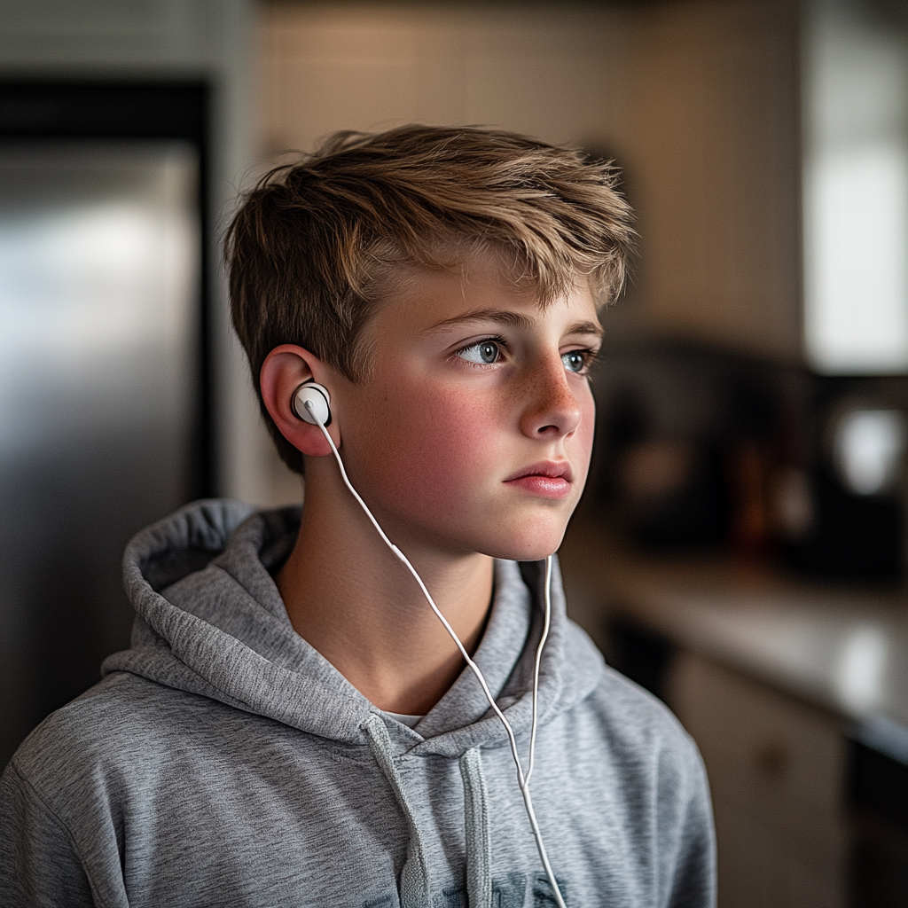 A young boy standing in the kitchen with his earbuds plugged in | Source: Midjourney