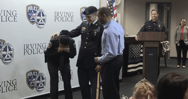 Erika Benning burst into tears as her son, Giovanni Pando surprises her at her swearing-in ceremony as a police officer at the Irving Police Department in Dallas, Texas. | Source: Facebook/Irving Police Department.