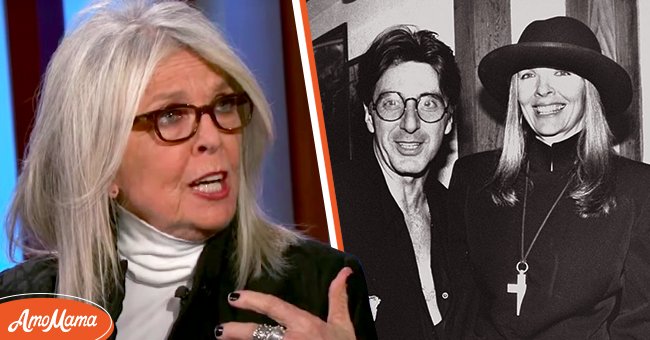 Diane Keaton speaking in an interview with Jimmy Kimmel Live. [Left] | Diane Keaton and Al Pacino pose together for a photo. [Right] | Photo: Getty Images  youtube.com/Jimmy Kimmel Live