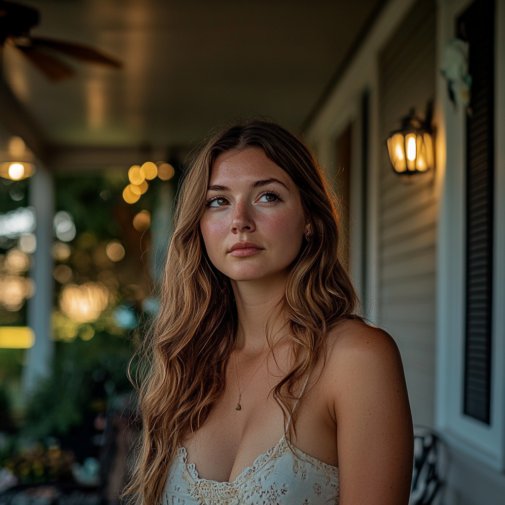 A thoughtful woman standing on her front porch | Source: Midjourney