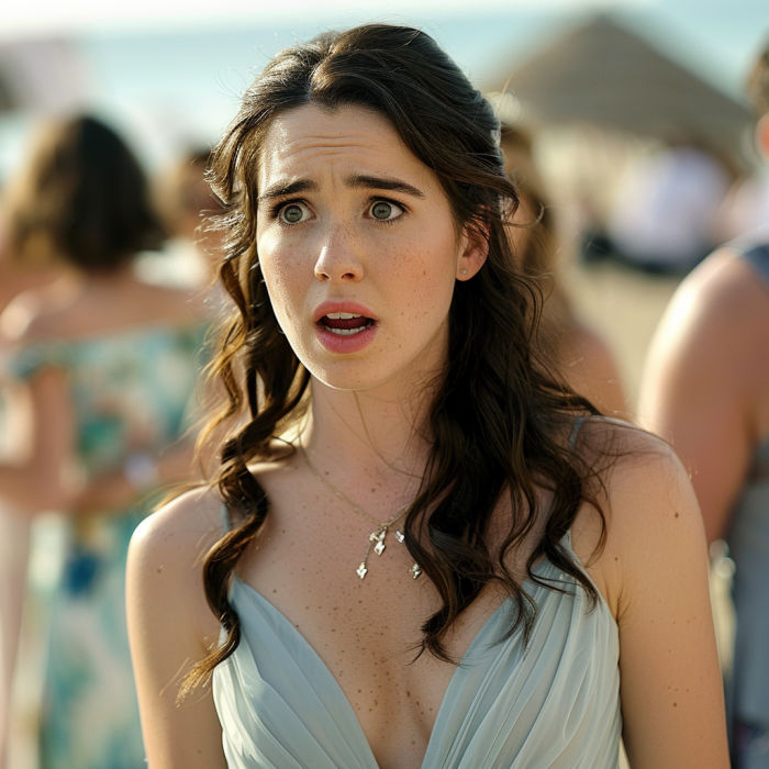 A bridesmaid looking concerned and shocked at a beach wedding | Source: Midjourney