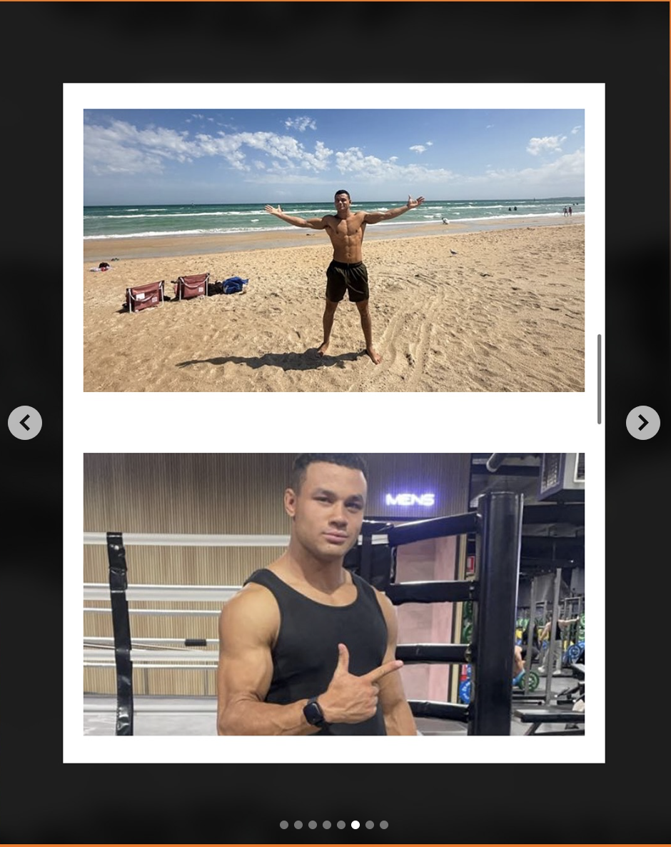 Jake Sendler is pictured on the beach and next to the ring, in a photo shared on March 19, 2025 | Source: Instagram/australianmma_ | Instagram/matmastersacademy