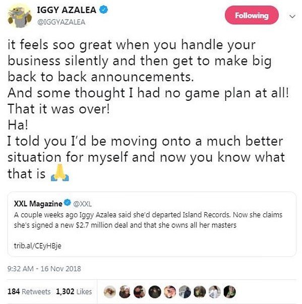 Screenshot of the now-deleted Iggy Azalea tweet | Twitter: @iggyazalea