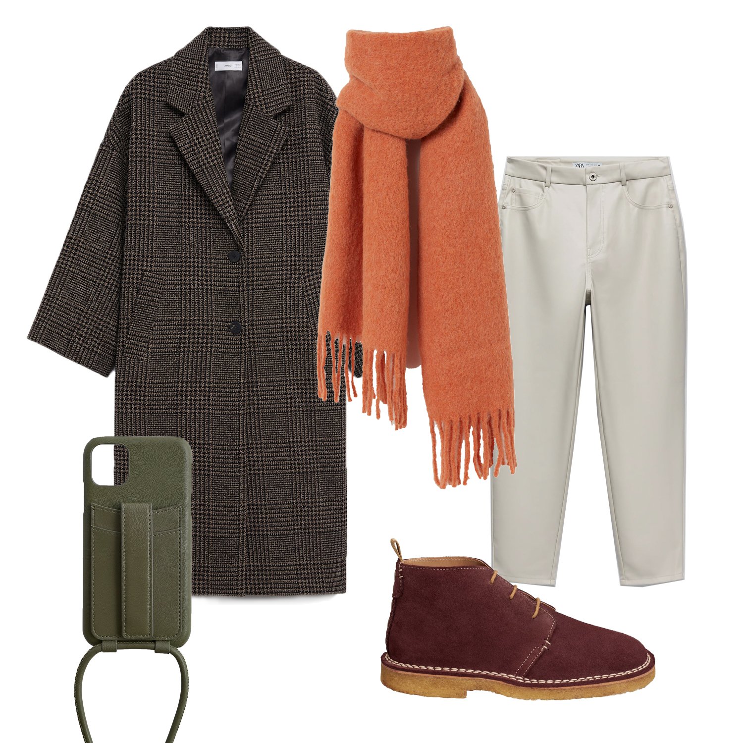 Manteau - Mango, Pantalon - Zara, Skarf - H&M, Bottes - Zara, Housse de téléphone - Zara. | Photo : zara.com, hm.com, converse.com, mango.com, net-a-porter.com