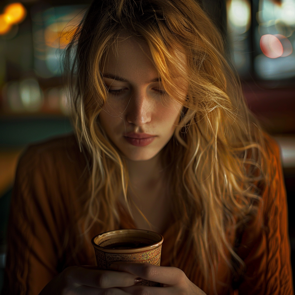 A young woman looking into her drink | Source: Midjourney